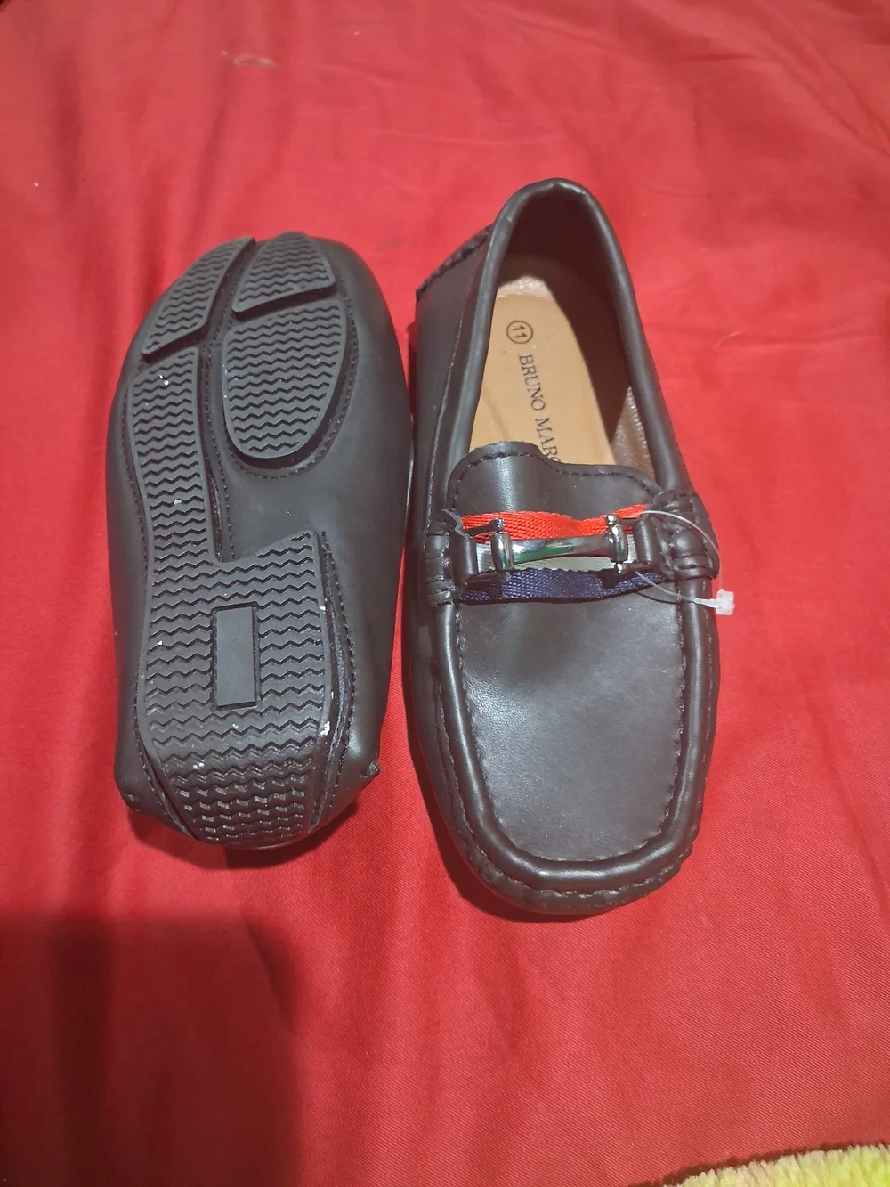 Bruno Marc Boys Black Leather Dress Loafers with Red & Navy Trim